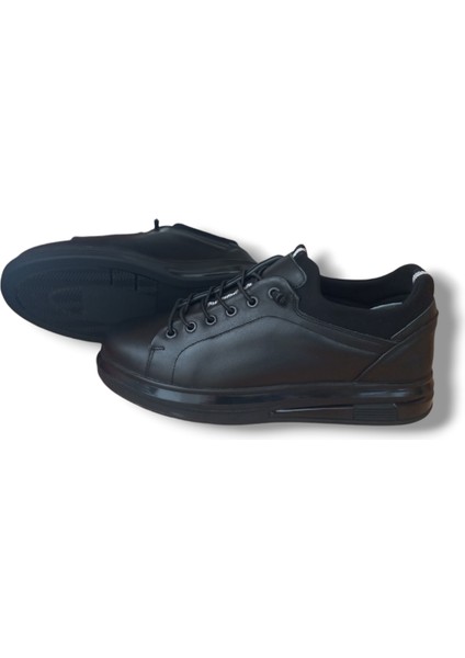 GR0226 Deri Mat Siyah Günlük Kalın Taban Sneaker Erkek Ayakkabı