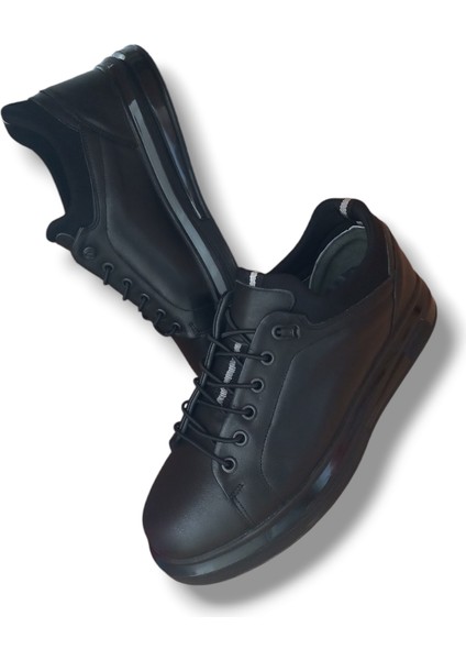 GR0226 Deri Mat Siyah Günlük Kalın Taban Sneaker Erkek Ayakkabı