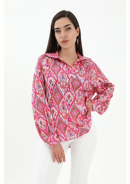 Reglan Kol Baskılı Saten Gömlek - Pembe