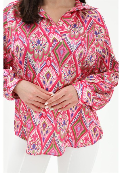 Reglan Kol Baskılı Saten Gömlek - Pembe