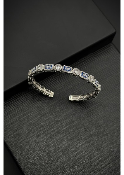 925 Ayar Gümüş Italyan Model Zirkon Taşlı Lacivert Renk Erkek Bileklik FRJ12318-3318-LA