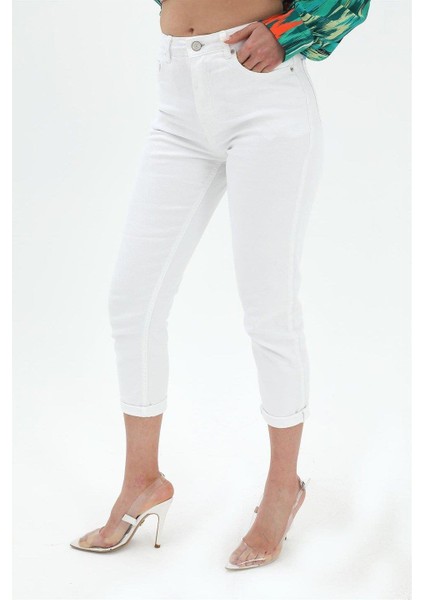 Yüksek Bel Likralı Mom Jeans - Beyaz modelleri