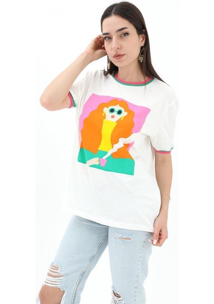 Kız Baskılı T-Shirt - Ekru fiyatları