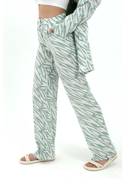 Zebra Desen Yüksek Bel Keten Pantolon - Mint Yeşili