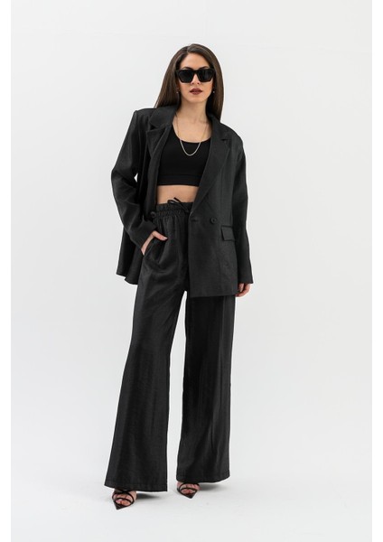 Kruvaze Yaka Parlak Keten Blazer Ceket - Siyah