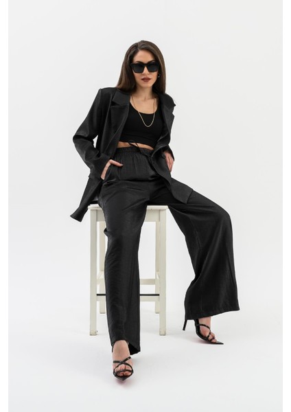 Kruvaze Yaka Parlak Keten Blazer Ceket - Siyah modelleri