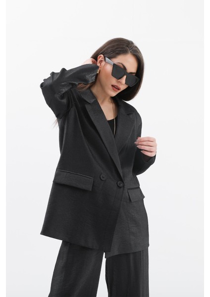 Kruvaze Yaka Parlak Keten Blazer Ceket - Siyah fırsatları