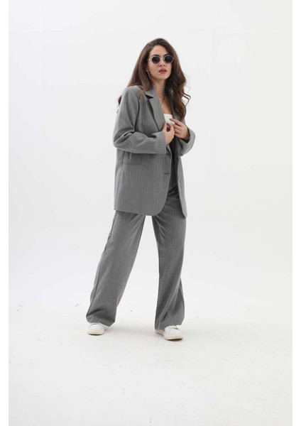 Fleto Cepli Dar Çizgili Poliviskon Blazer Ceket - Gri modelleri