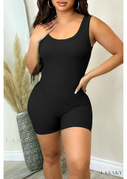 Kadın Kalın Askılı Bodycon Kaşkorse şort Tulum