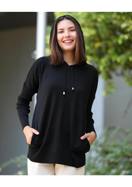 Kadın Uzun Kollu Kapüşon Detay Triko Tunik