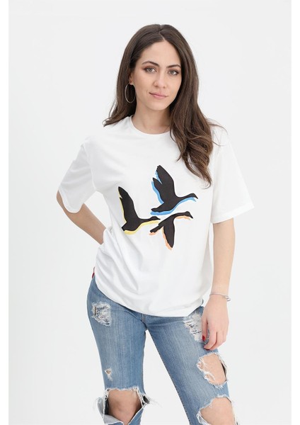 T-Shirt Bisiklet Yaka Kuş Baskılı - Ekru