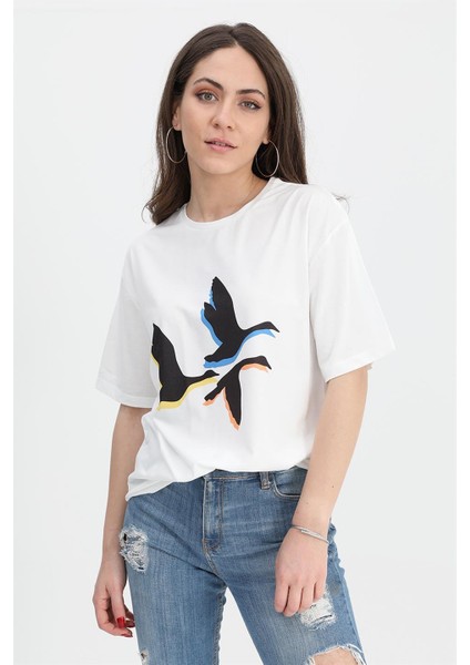 T-Shirt Bisiklet Yaka Kuş Baskılı - Ekru fiyatları