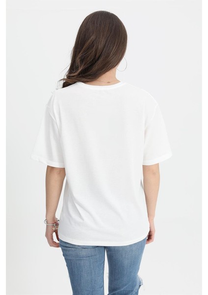 T-Shirt Bisiklet Yaka Kuş Baskılı - Ekru fırsatları