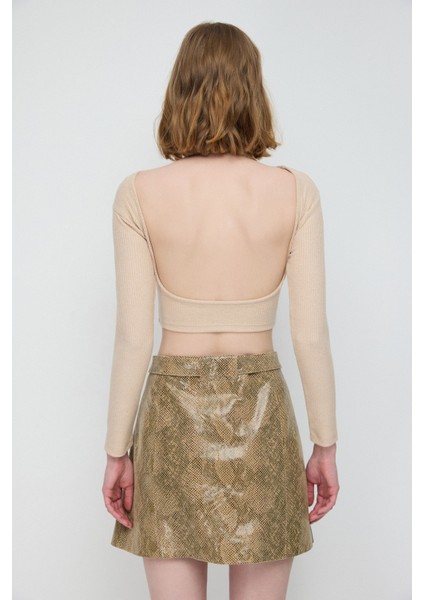 Fitilli Parlak Sırt Dekolteli Crop Top