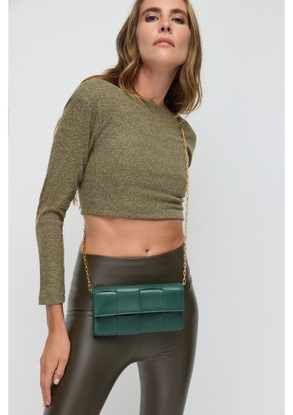 Fitilli Parlak Sırt Dekolteli Crop Top