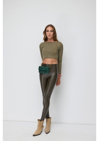 Fitilli Parlak Sırt Dekolteli Crop Top