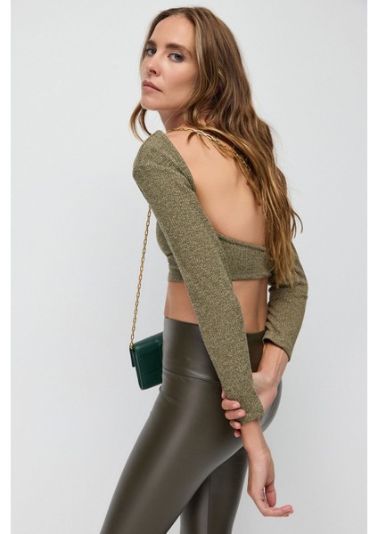 Fitilli Parlak Sırt Dekolteli Crop Top