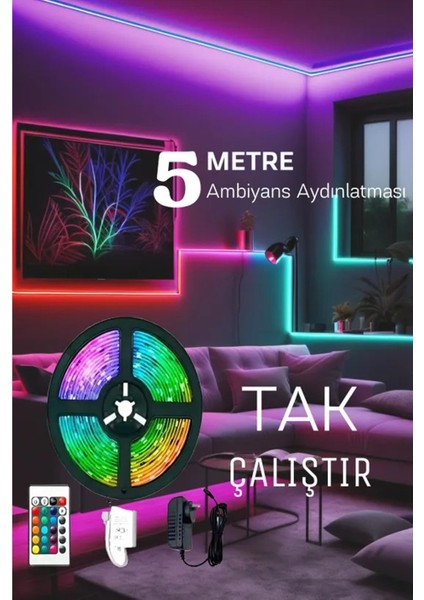 Rgb Şerit LED Seti 5 Metre Rgb LED 96 Renk + Trafo + Rgb Uzaktan Kumanda