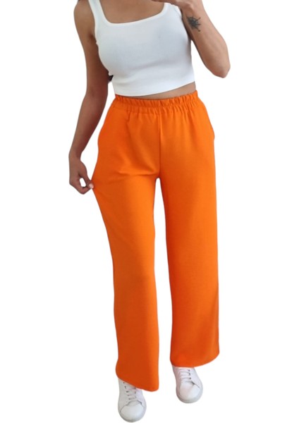 Kadın Turuncu Beli Lastikli Bol Paça Dökümlü Rahat Pantolon