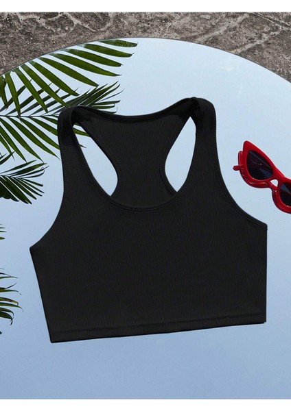 Kadın Boyun Askılı U Yaka Yüzücü Sırtlı Siyah Renk Fitilli Crop Top Bluz