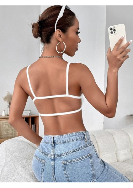 Kadın Beyaz Renk Sırtı Açık Ipli Sütyen Stil Super Crop Mini Büstiyer modelleri