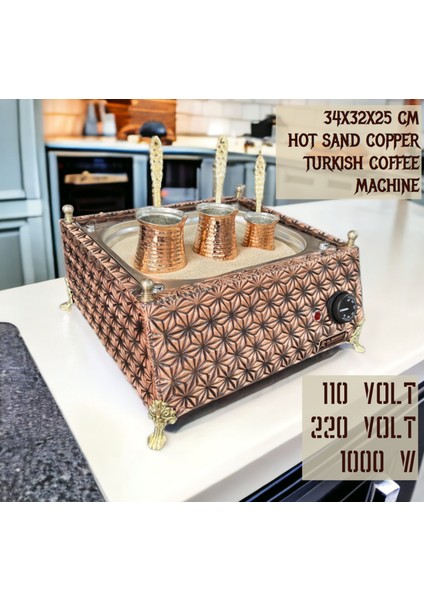 Cahvee Elektrikli Kumda Kahve Makinesi | 34x32 cm | 3 Bakır Cezve | Kum Dahil | El Yapımı Otantik Tasarım
