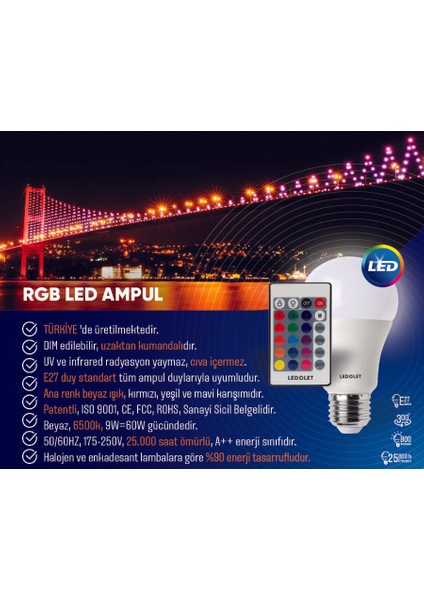 9W Rgb LED Ampul Renk Değiştiren Uzaktan Kumandalı Dim Edilebilir