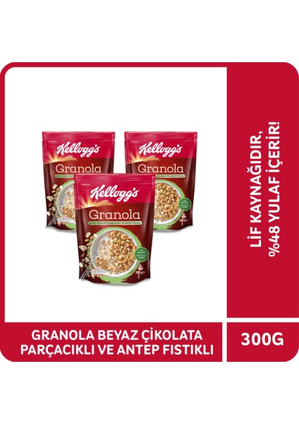 Granola Beyaz Çikolata Parçacıklı & Antep Fıstıklı 300 Gr x 3 Adet, %48 Yulaf içerir, Lif Kaynağı