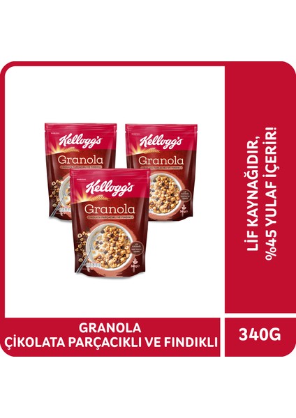 Granola Çikolata Parçacıklı & Fındıklı 340 Gr x 3 Adet, %45 Yulaf içerir, Lif Kaynağı