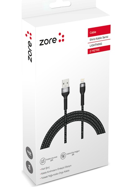 Siyah Shira Serisi Lightning USB Kablo 2 Metre-Zore