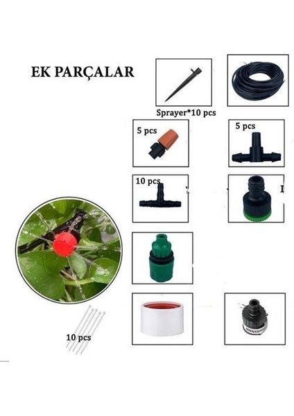 10 Metre Bahçe Damlama Sulama Sistemi Seti Hortum ve Ek Parçaları