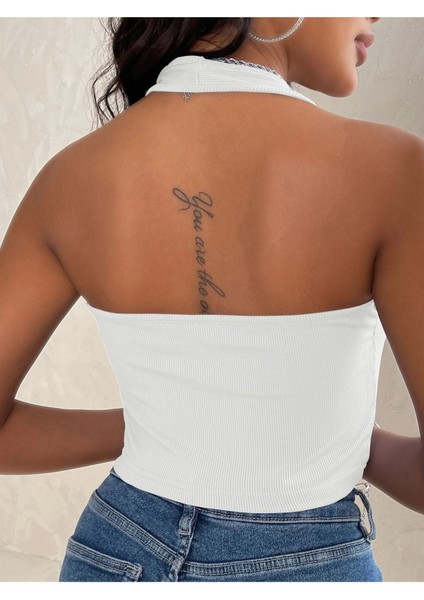 Kadın Boyun Askılı U Yaka Beyaz Renk Fitilli Crop Top Bluz fiyatları