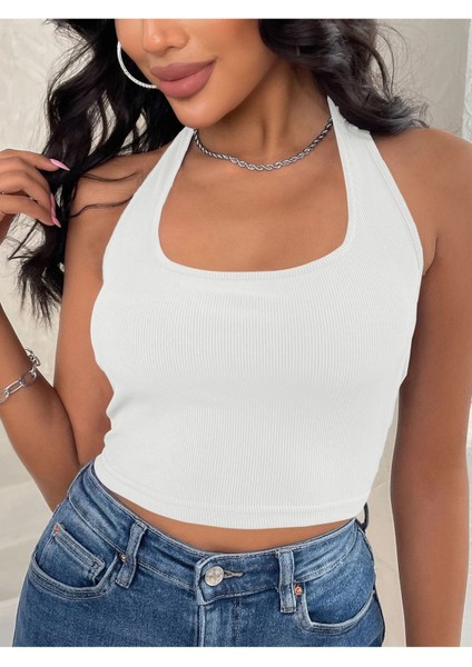 Kadın Boyun Askılı U Yaka Beyaz Renk Fitilli Crop Top Bluz indirimleri