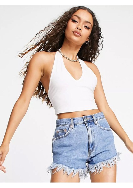 Kadın Boyun Askılı U Yaka Beyaz Crop Top Bluz