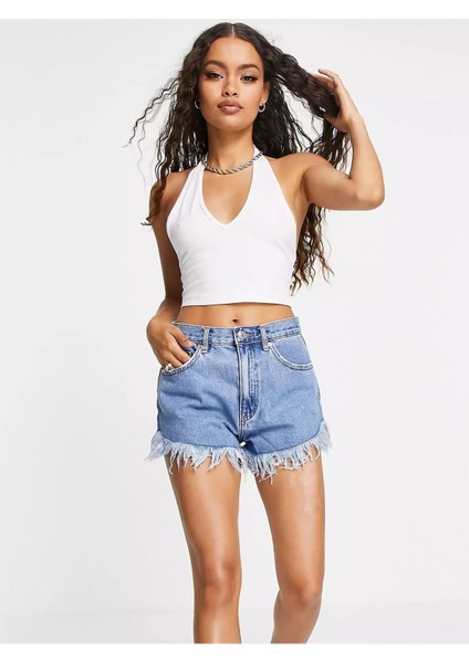 Kadın Boyun Askılı U Yaka Beyaz Crop Top Bluz
