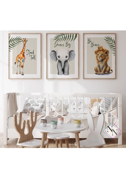 Safari-Aslan, Zürafa ve Fil 3’lü Set- V01- Doğal Ahşap Çerçeveli, Bebek ve Çocuk Odası Tablo Seti