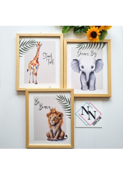 Safari-Aslan, Zürafa ve Fil 3’lü Set- V01- Doğal Ahşap Çerçeveli, Bebek ve Çocuk Odası Tablo Seti