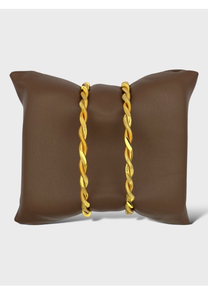 Çelik 22 Ayar Altın Kaplama 2li 2 Adet Kalın Burma Bilezik