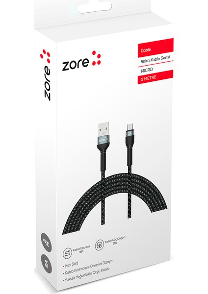 Siyah Shira Serisi Micro USB Kablo 3 Metre-Zore