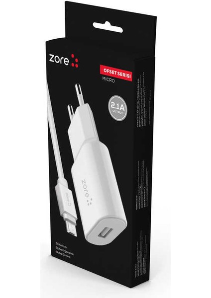 Beyaz Ofset Serisi Zcs-01 Micro 2 In 1 Ev Şarj Seti 2.1A-ZORE