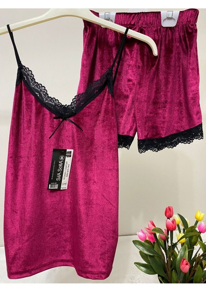 Fuşya Şortlu Kadife Pijama Takımı modelleri