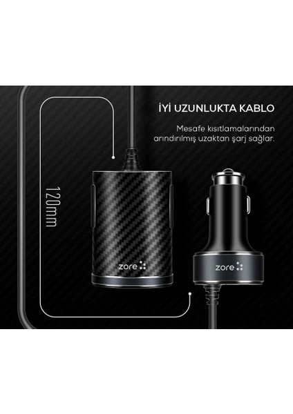 Siyah ZR-C502 2+2 Araç Şarj Seti Zore-Ens