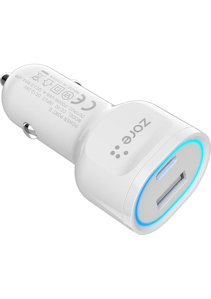 Beyaz Cc-02 Hızlı Şarj Özellikli LED Işıklı Qc 3.0 Usb-A ve Type-C Pd Araç Şarj Başlığı Pd 20W Zore-Ens