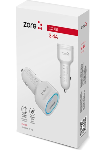 Beyaz Cc-02 Hızlı Şarj Özellikli LED Işıklı Qc 3.0 Usb-A ve Type-C Pd Araç Şarj Başlığı Pd 20W Zore-Ens