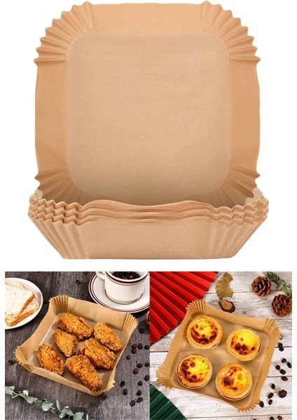 Tekno Trust ® 100 Adet Air Fryer Pişirme Kağıdı Tek Kullanımlık Yağ Geçirmez Kağıt Kare Tabak Model