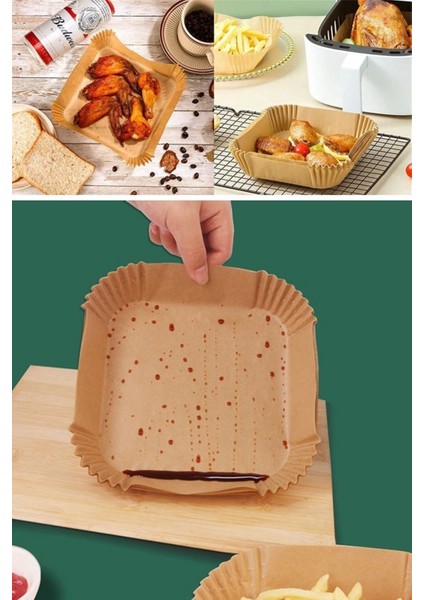 Tekno Trust ® 100 Adet Air Fryer Pişirme Kağıdı Tek Kullanımlık Yağ Geçirmez Kağıt Kare Tabak Model