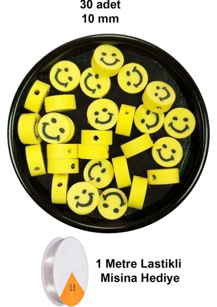 30 Adet 10 mm Polimer Kil Fimo Gülen Yüz Smile + 1 Metre Lastikli Misina