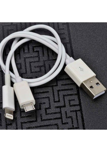 Beyaz Çiftli Lightning-Micro Kısa USB Kablo-Zore