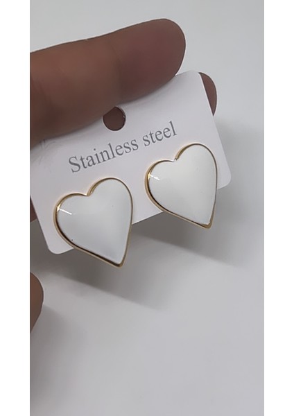 Beyaz Mineli Kalp Model Gold Çelik Küpe 2 cm