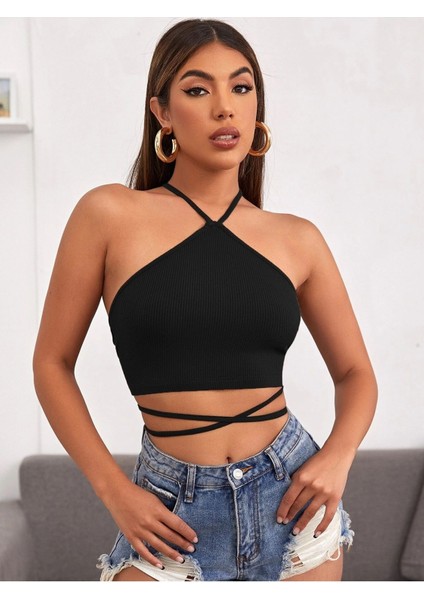 Halter Yaka Çapraz Askılı Siyah Renk Fitilli Crop Top Bluz